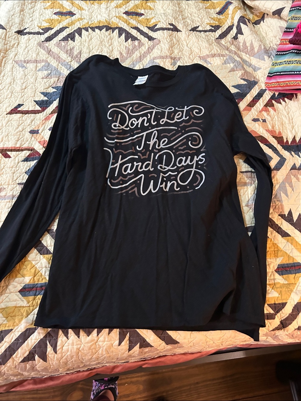 Black Long Sleeve Tee with Script Slogan "Don't Let The Hard Days Win"